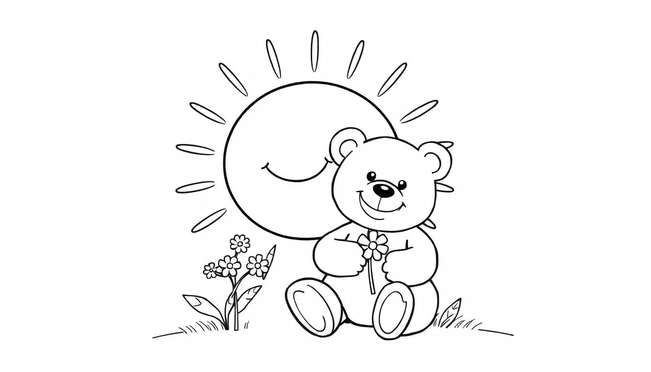 Schwarz-weiße Farbtafel eines Teddybären, der eine Blume hält, mit einer lächelnden Sonne im Hintergrund und Blumen und Gras.