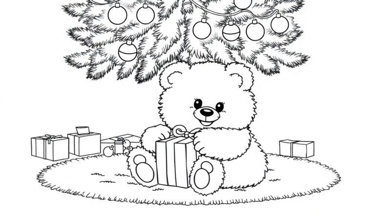 Schwarz-weiße Farbtafel: Ein fröhlicher Teddybär sitzt unter einem Weihnachtsbaum und öffnet ein Geschenk.