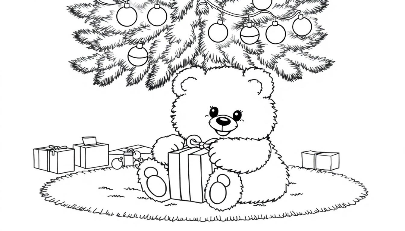 Schwarz-weiße Farbtafel: Ein fröhlicher Teddybär sitzt unter einem Weihnachtsbaum und öffnet ein Geschenk.
