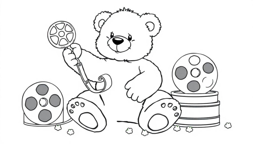 Schwarz-weiß Farbtafel-Illustration eines Teddybären mit Filmspule.
