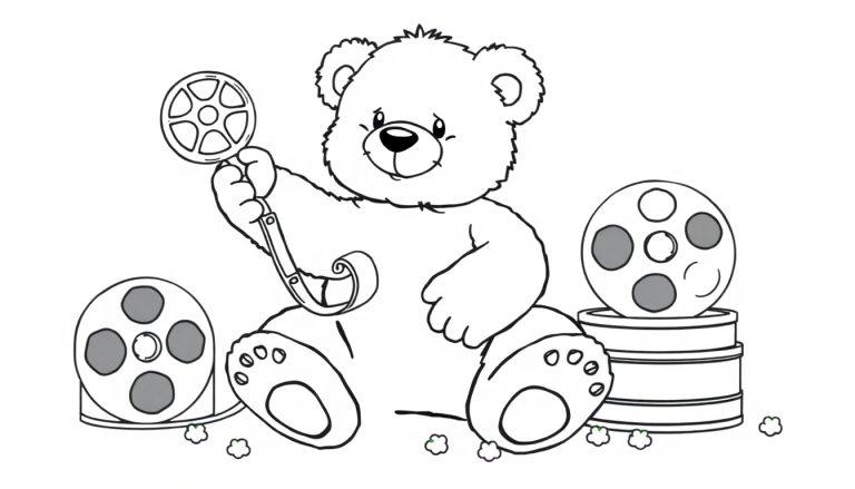 Schwarz-weiß Farbtafel-Illustration eines Teddybären mit Filmspule.