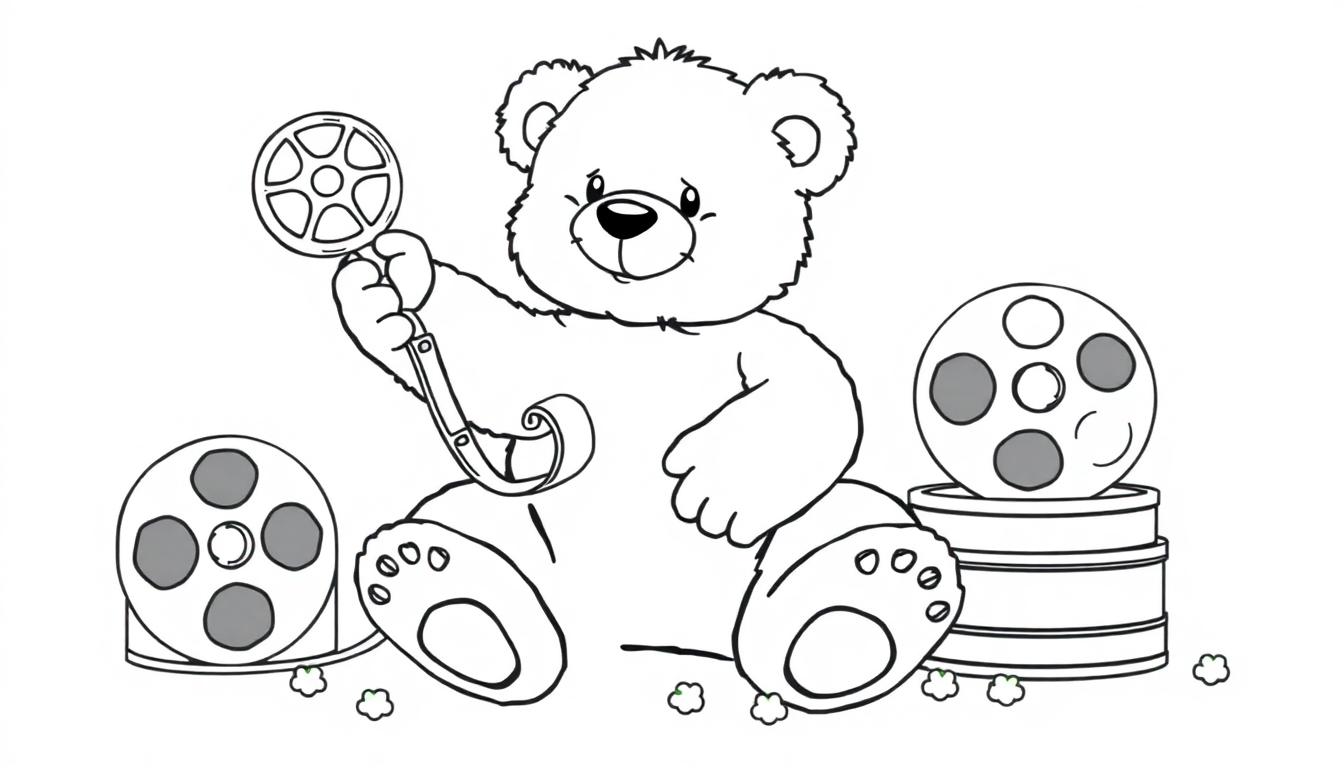 Schwarz-weiß Farbtafel-Illustration eines Teddybären mit Filmspule.