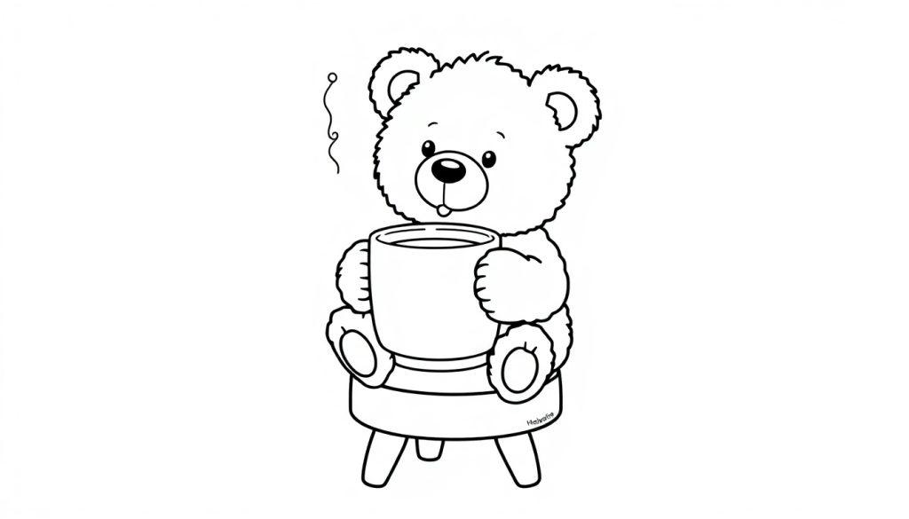 Ein flauschiger schwarz-weißer Teddybär sitzt auf einem Hocker und hält eine dampfende Tasse. Schwarz-weiße Farbtafel.