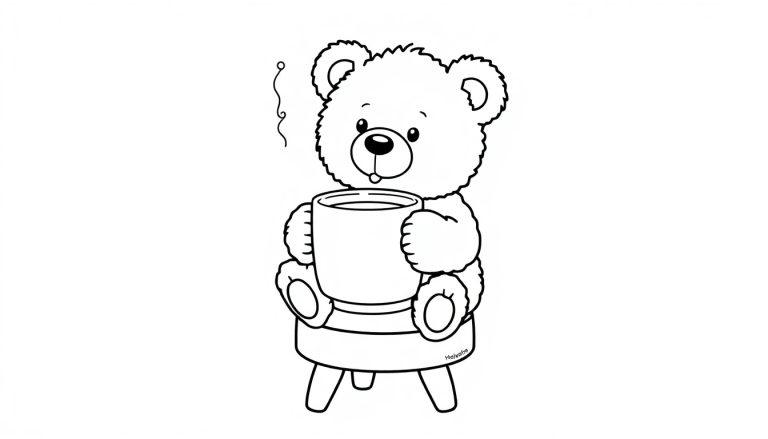 Ein flauschiger schwarz-weißer Teddybär sitzt auf einem Hocker und hält eine dampfende Tasse. Schwarz-weiße Farbtafel.