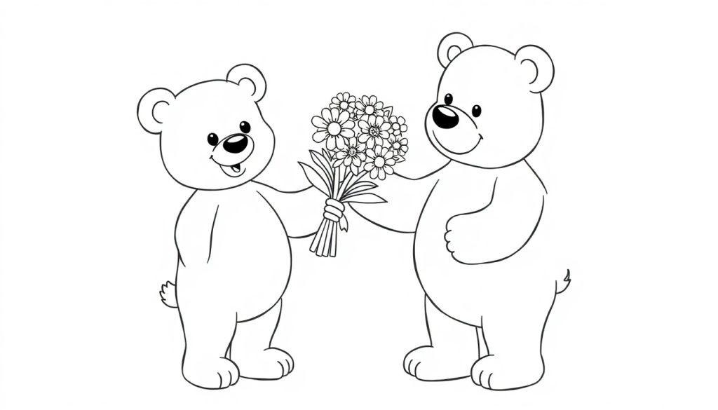 Zwei süße Teddybären überreichen sich Blumen, Schwarz-Weiß-Farbtafel.