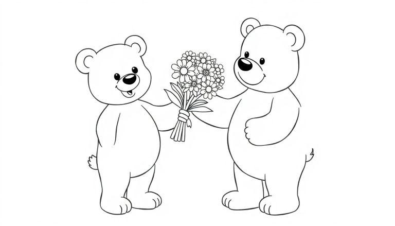 Zwei süße Teddybären überreichen sich Blumen, Schwarz-Weiß-Farbtafel.
