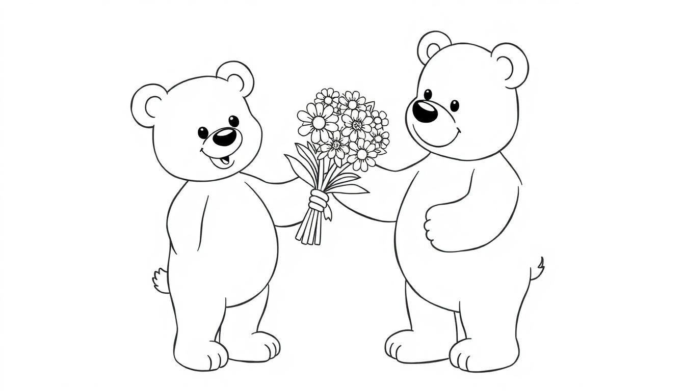 Zwei süße Teddybären überreichen sich Blumen, Schwarz-Weiß-Farbtafel.