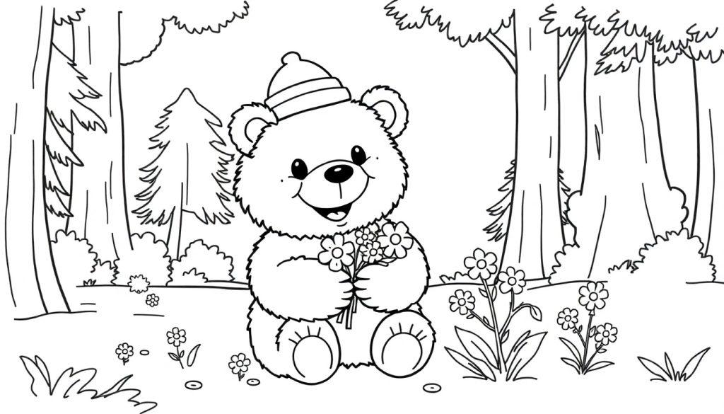 Schwarz-Weiß-Farbtafel eines niedlichen Teddybären mit Hut und Blumen im Wald.
