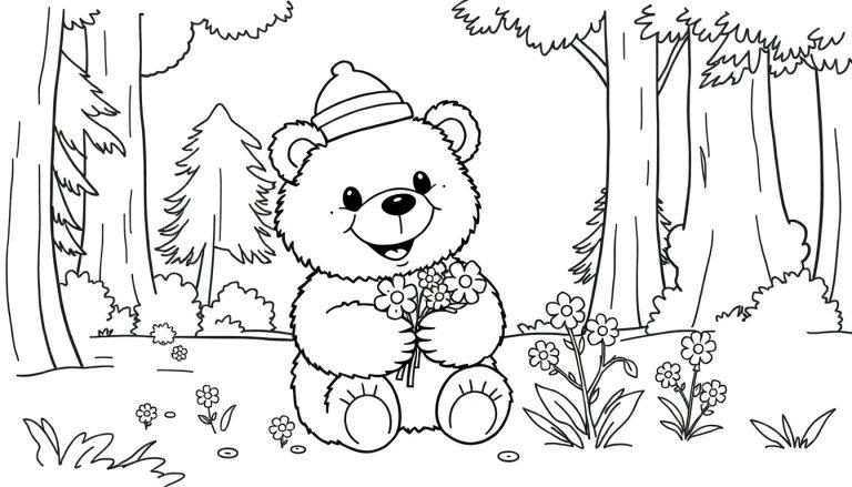 Schwarz-Weiß-Farbtafel eines niedlichen Teddybären mit Hut und Blumen im Wald.