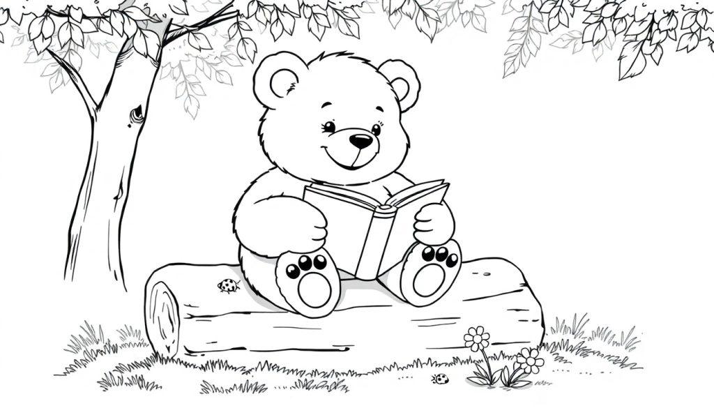 Ein niedlicher Teddybär liest ein Buch in einem Wald, eine Farbtafel-Illustration.