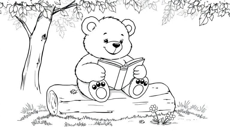 Ein niedlicher Teddybär liest ein Buch in einem Wald, eine Farbtafel-Illustration.