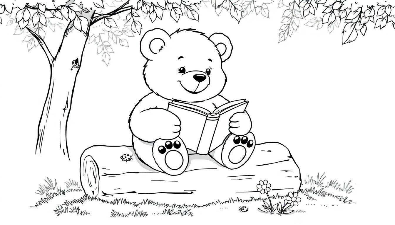 Ein niedlicher Teddybär liest ein Buch in einem Wald, eine Farbtafel-Illustration.