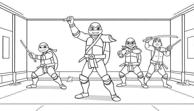 Eine Schwarz-Weiß-Farbtafel der Teenage Mutant Ninja Turtles, die ihre Waffen üben.
