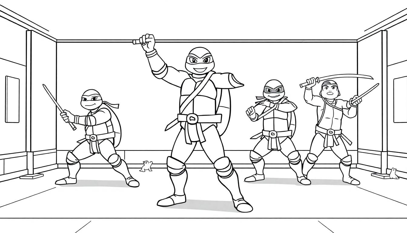 Eine Schwarz-Weiß-Farbtafel der Teenage Mutant Ninja Turtles, die ihre Waffen üben.