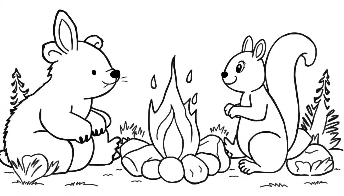Ein Bär und ein Eichhörnchen sitzen am Lagerfeuer.