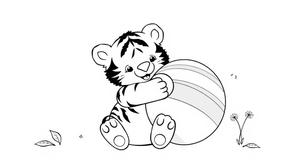 Eine schwarz-weiße Farbtafel eines Cartoon-Tigers, der seinen Ball umarmt.