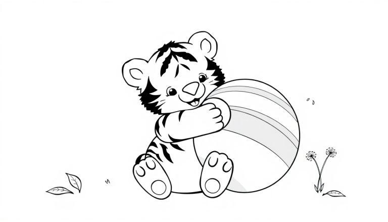Eine schwarz-weiße Farbtafel eines Cartoon-Tigers, der seinen Ball umarmt.