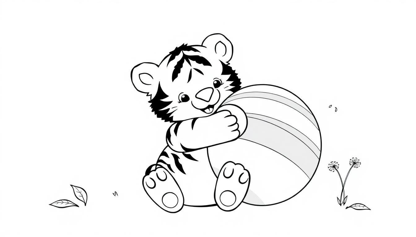 Eine schwarz-weiße Farbtafel eines Cartoon-Tigers, der seinen Ball umarmt.