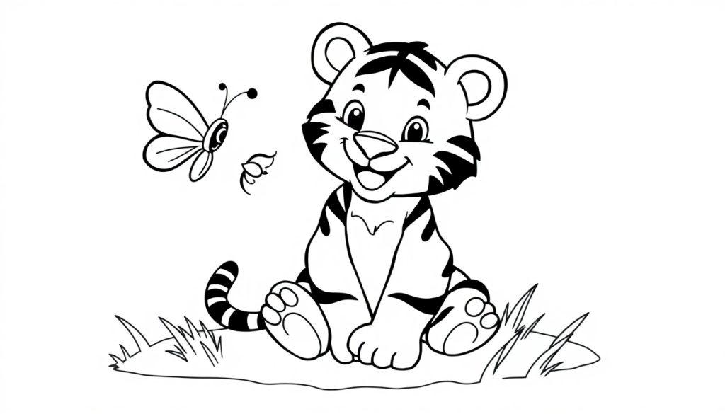 Schwarz-weiße Farbtafel eines niedlichen Tigerbabys, das auf dem Boden sitzt und mit einem Schmetterling spielt.