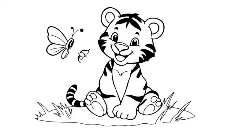 Schwarz-weiße Farbtafel eines niedlichen Tigerbabys, das auf dem Boden sitzt und mit einem Schmetterling spielt.