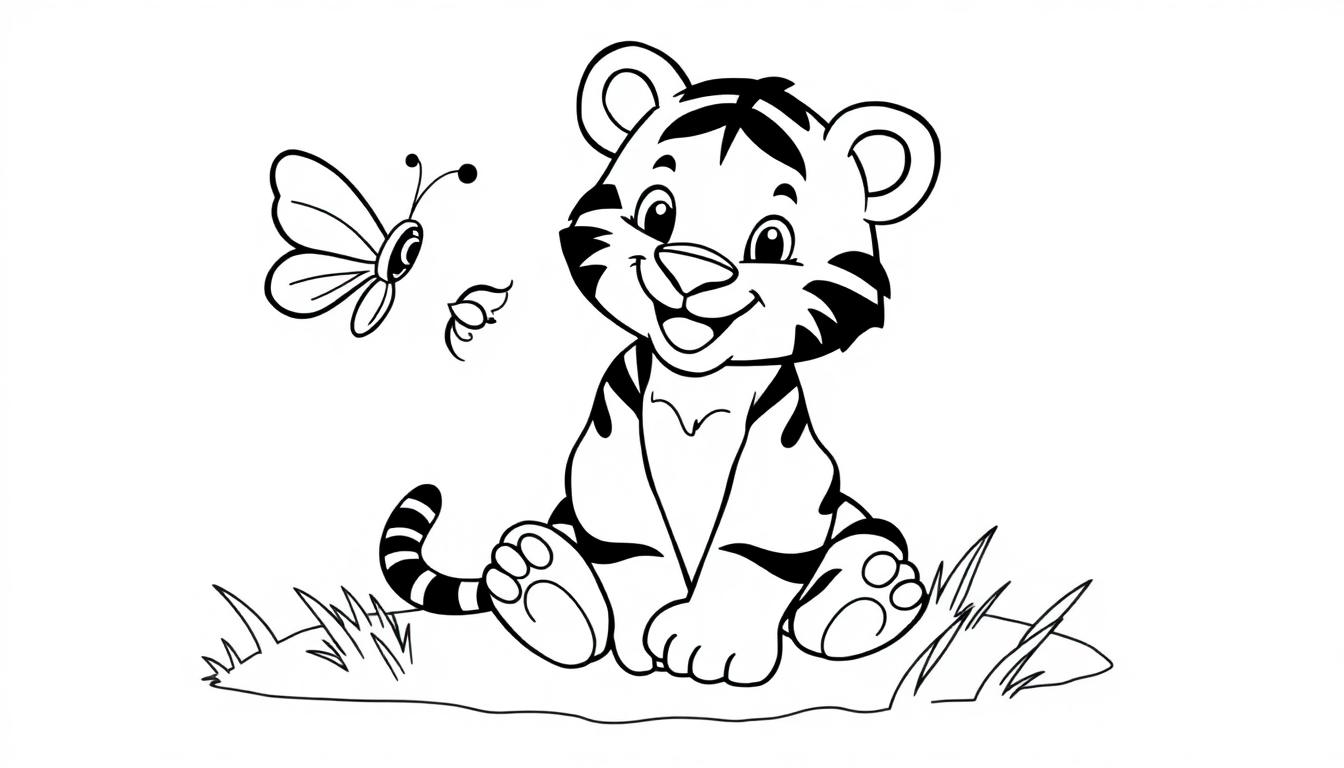 Schwarz-weiße Farbtafel eines niedlichen Tigerbabys, das auf dem Boden sitzt und mit einem Schmetterling spielt.