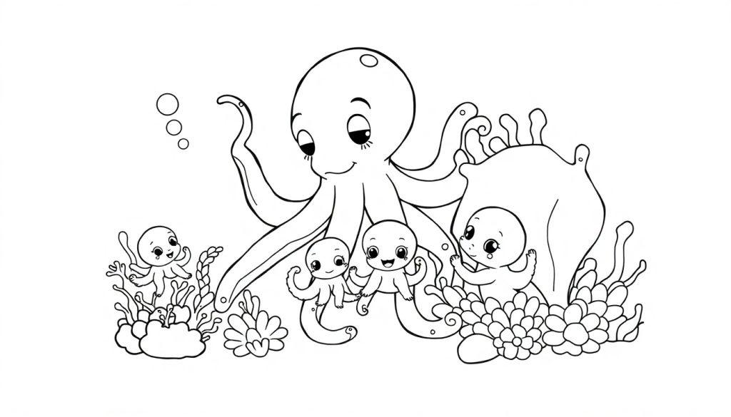 Eine niedliche Tintenfisch-Familie im Korallenriff, bereit zum Ausmalen. Schwarz-Weiß-Farbtafel-Illustration für Kinder.