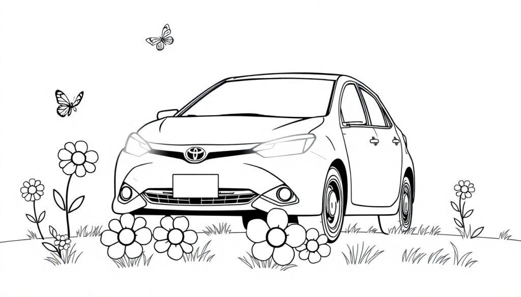 Eine Farbtafel mit einem niedlichen schwarzen und weißen Toyota Corolla auf einer blühenden Wiese.