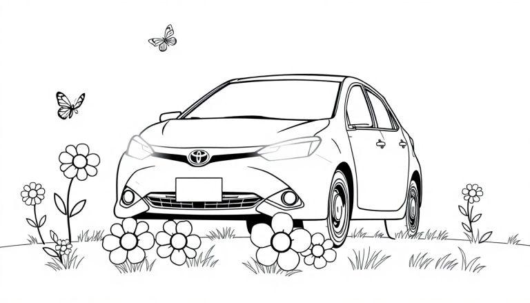 Eine Farbtafel mit einem niedlichen schwarzen und weißen Toyota Corolla auf einer blühenden Wiese.