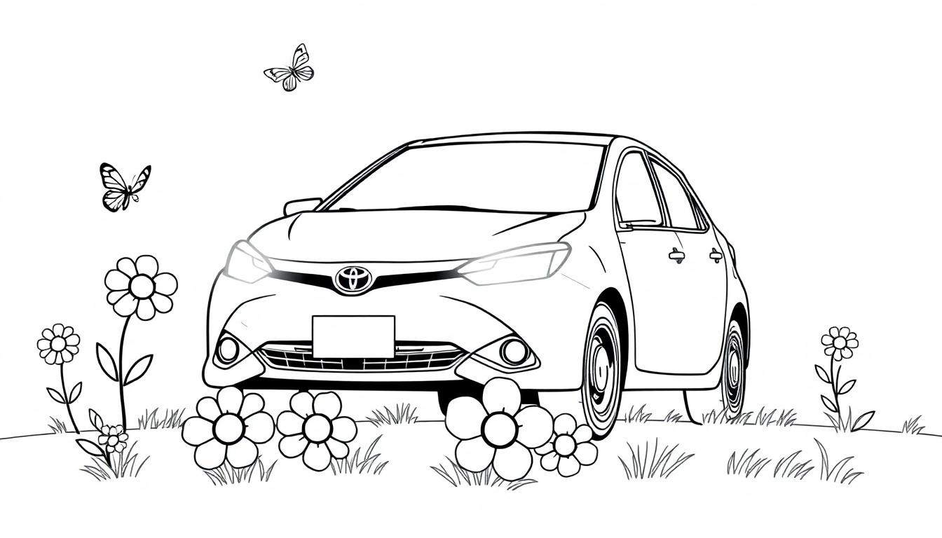 Eine Farbtafel mit einem niedlichen schwarzen und weißen Toyota Corolla auf einer blühenden Wiese.