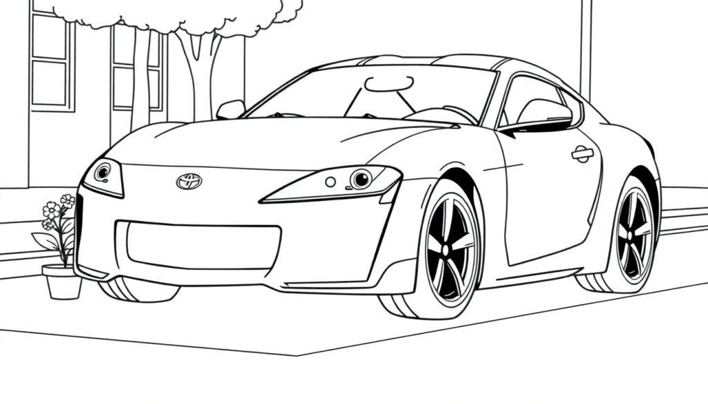 Eine Schwarz-Weiß-Farbtafel eines Toyotas Supra mit großen Augen und einem Lächeln.
