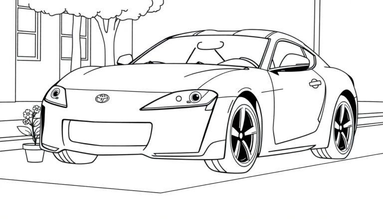 Eine Schwarz-Weiß-Farbtafel eines Toyotas Supra mit großen Augen und einem Lächeln.