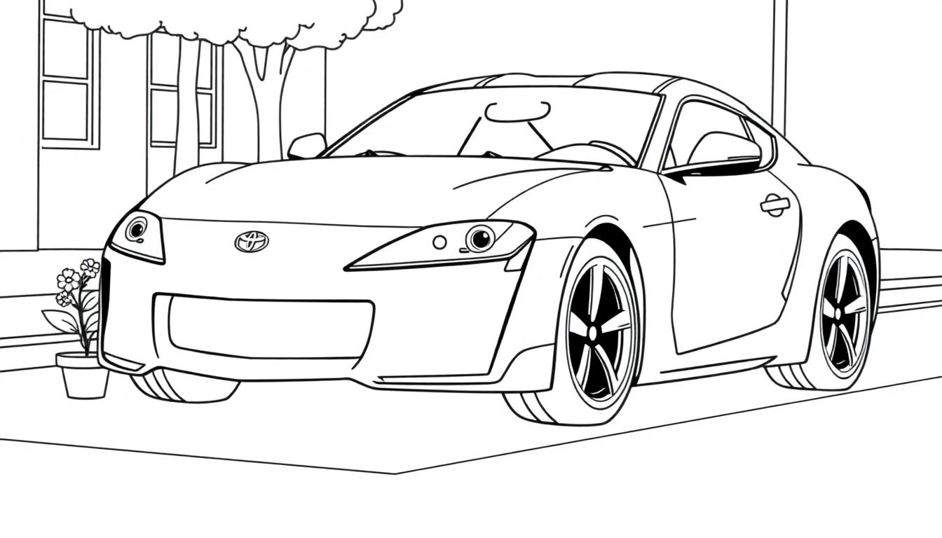 Eine Schwarz-Weiß-Farbtafel eines Toyotas Supra mit großen Augen und einem Lächeln.