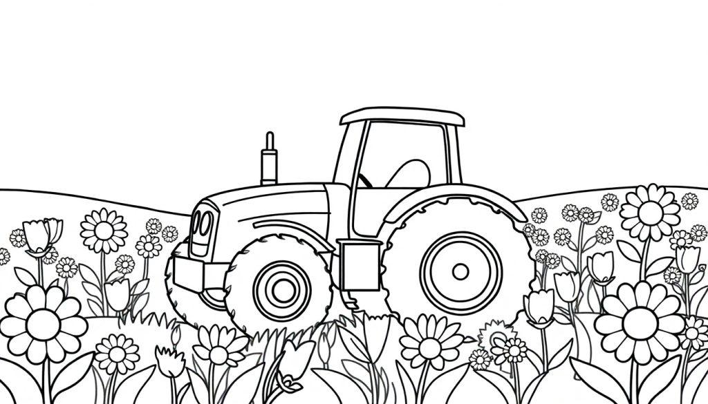 Schwarz-Weiß-Farbtafel eines niedlichen Traktors, der durch ein Blumenfeld fährt.