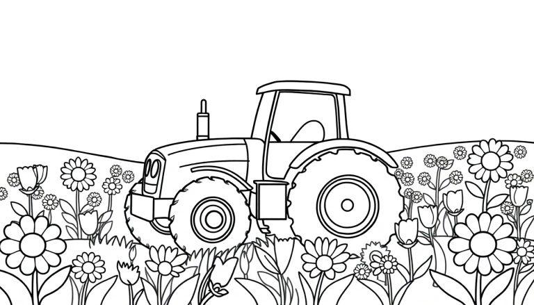 Schwarz-Weiß-Farbtafel eines niedlichen Traktors, der durch ein Blumenfeld fährt.