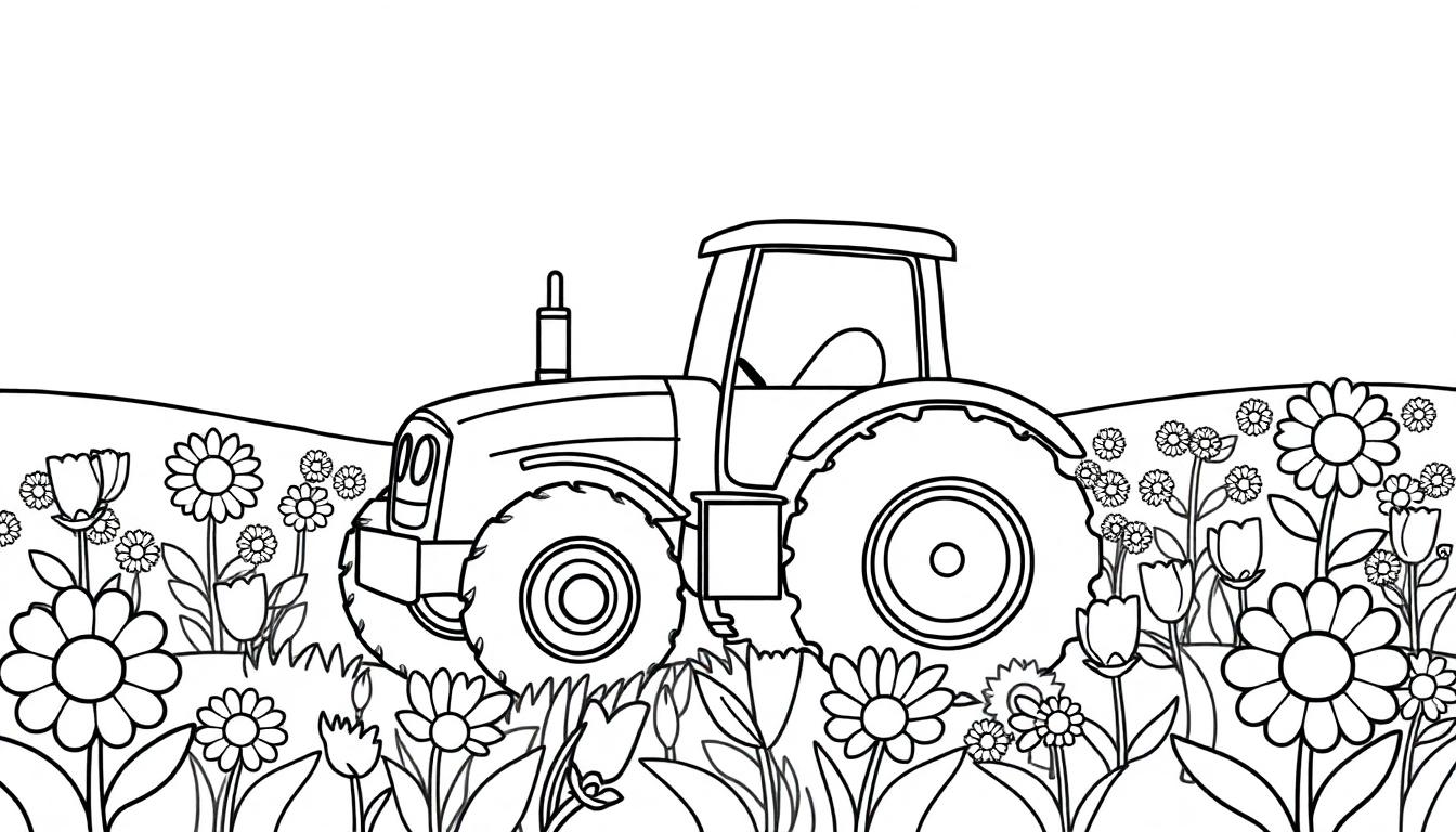 Schwarz-Weiß-Farbtafel eines niedlichen Traktors, der durch ein Blumenfeld fährt.