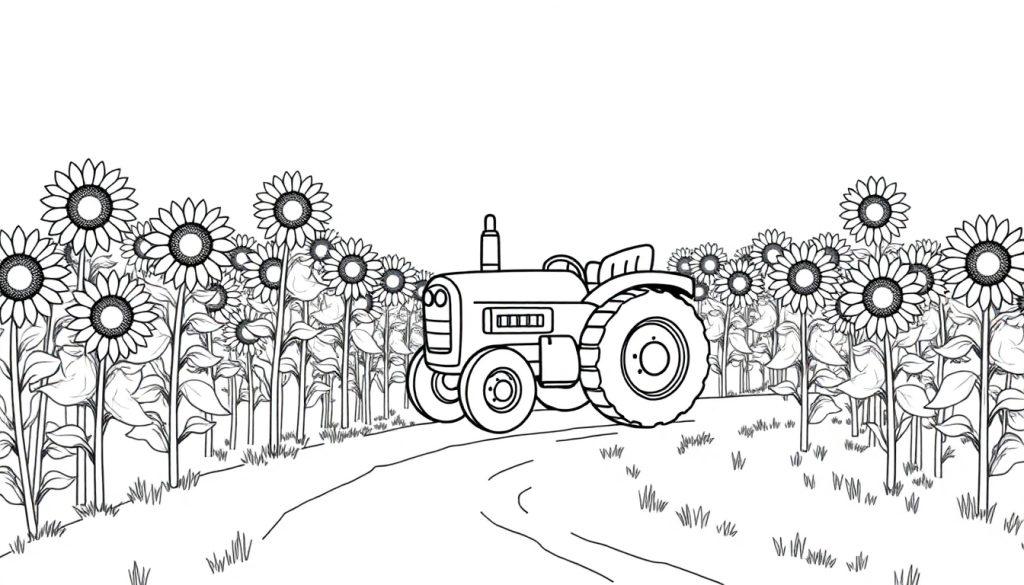 Ein Cartoon-Traktor fährt durch ein schwarz-weißes Sonnenblumenfeld, bereit zum Ausmalen, eine Farbtafel.