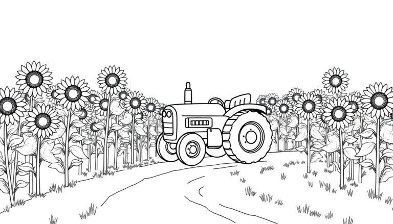 Ein Cartoon-Traktor fährt durch ein schwarz-weißes Sonnenblumenfeld, bereit zum Ausmalen, eine Farbtafel.
