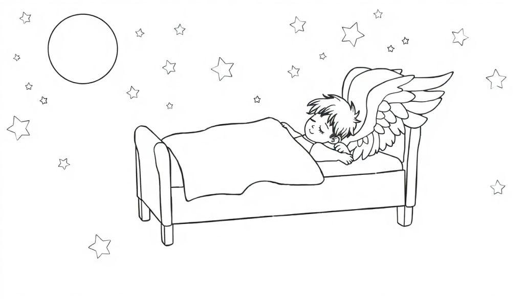Ein Kind mit Engelsflügeln schläft friedlich in seinem Bett, das von einem leuchtenden Mond und funkelnden Sternen im Nachthimmel umgeben ist. Neben dem Kind liegt ein Hund mit flauschigen Engelsflügeln.