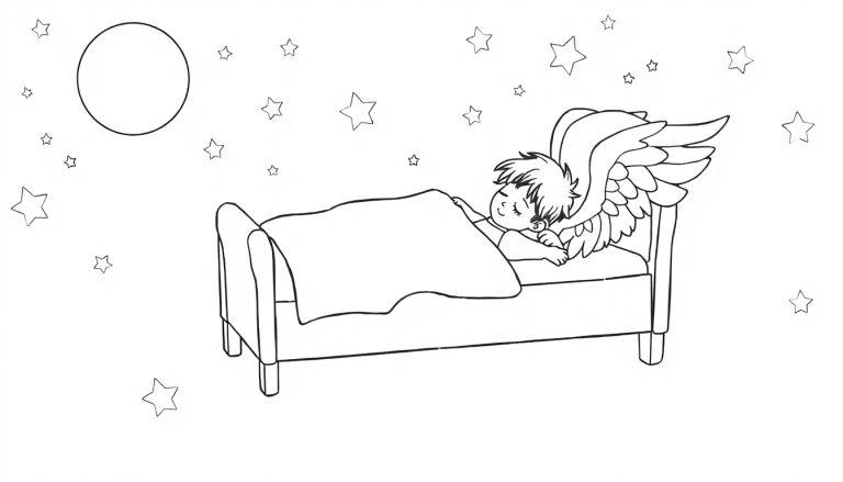 Ein Kind mit Engelsflügeln schläft friedlich in seinem Bett, das von einem leuchtenden Mond und funkelnden Sternen im Nachthimmel umgeben ist. Neben dem Kind liegt ein Hund mit flauschigen Engelsflügeln.