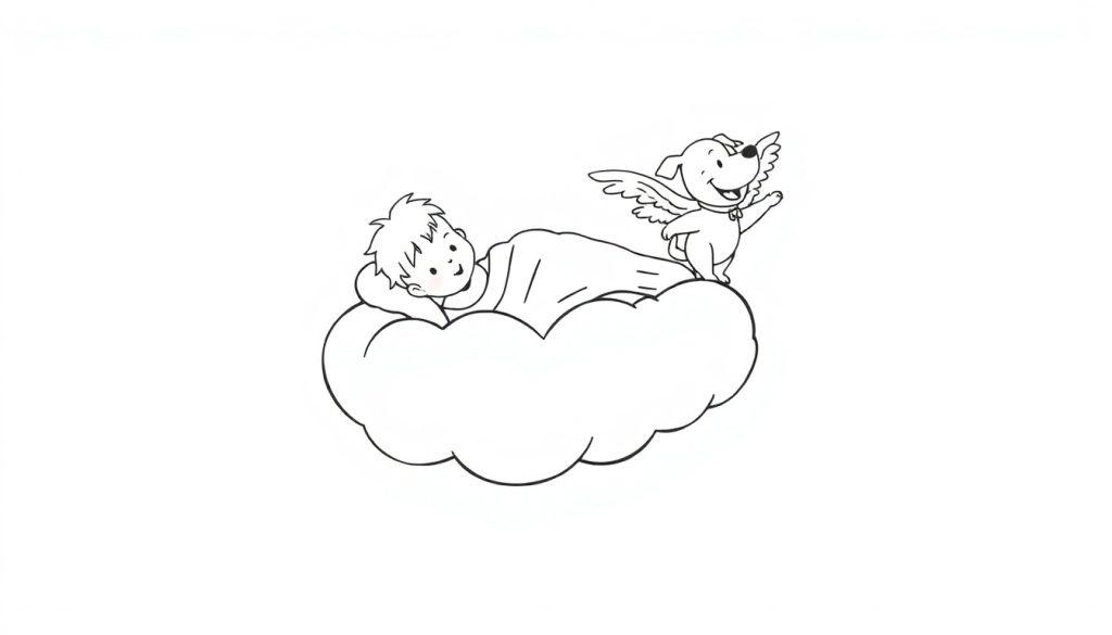 Ein kleiner Junge schläft auf einer flauschigen Wolke, während ein geflügelter Hund daneben wacht.