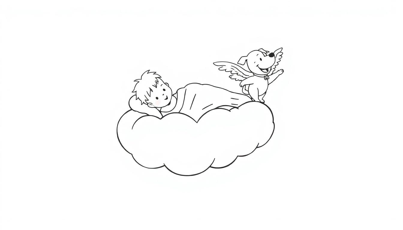 Ein kleiner Junge schläft auf einer flauschigen Wolke, während ein geflügelter Hund daneben wacht.