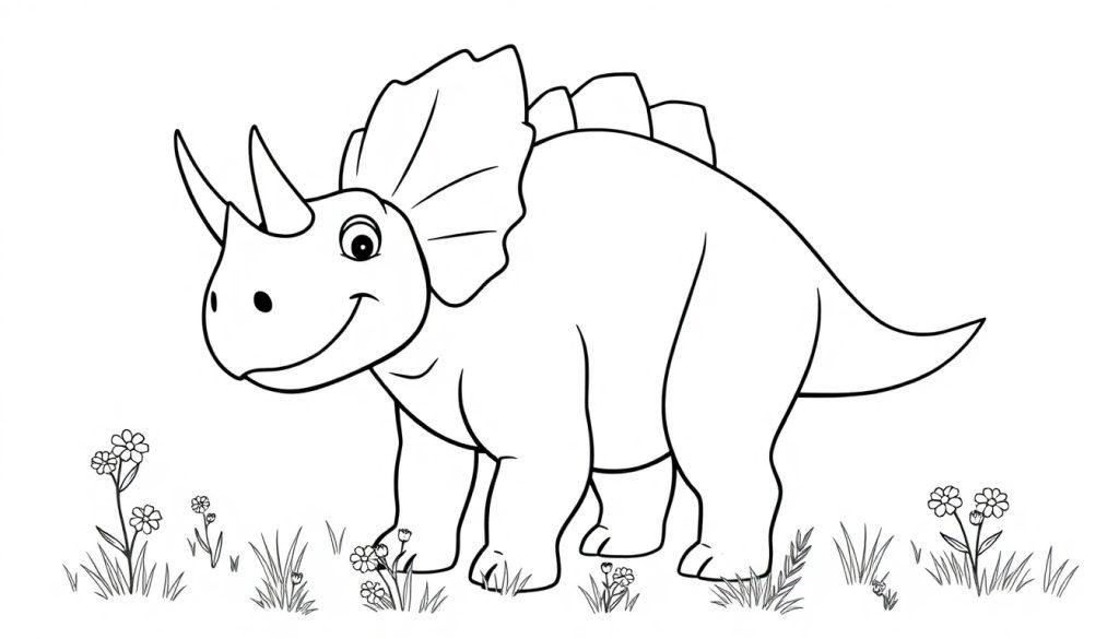Schwarz-weiße Farbtafel eines lächelnden Triceratops im Gras mit Blumen.