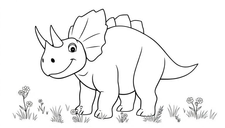 Schwarz-weiße Farbtafel eines lächelnden Triceratops im Gras mit Blumen.