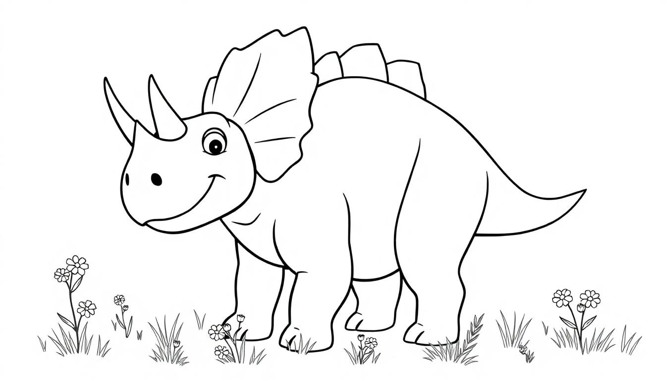 Schwarz-weiße Farbtafel eines lächelnden Triceratops im Gras mit Blumen.