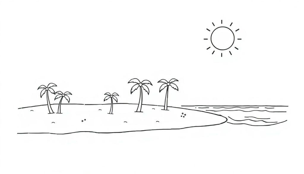 Eine schwarz-weiße Zeichnung einer tropischen Insel mit Palmen und Wellen, bereit zum Ausmalen.