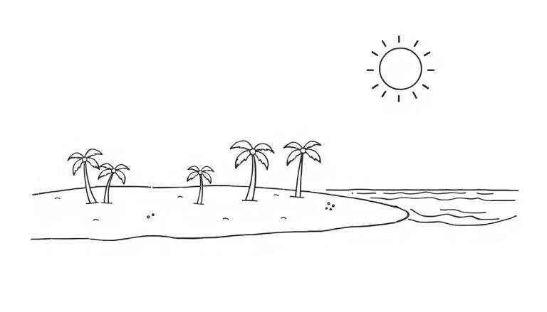 Eine schwarz-weiße Zeichnung einer tropischen Insel mit Palmen und Wellen, bereit zum Ausmalen.