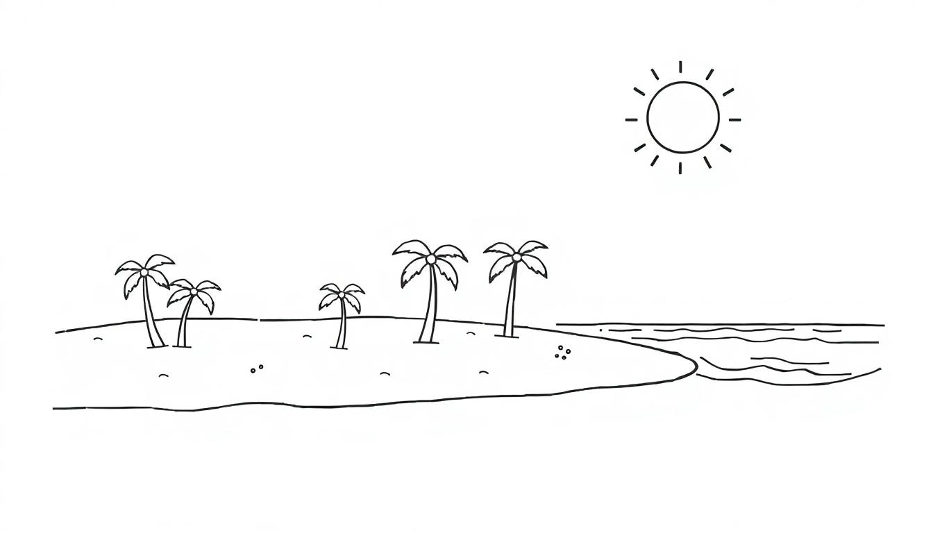 Eine schwarz-weiße Zeichnung einer tropischen Insel mit Palmen und Wellen, bereit zum Ausmalen.