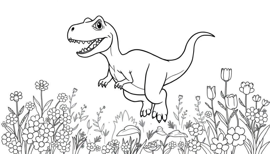 Schwarz-weiße Farbtafel: Ein T-Rex rennt über eine Blumenwiese.