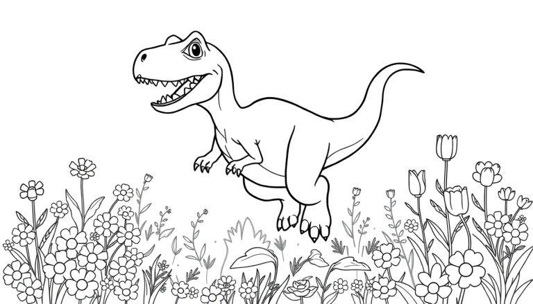 Schwarz-weiße Farbtafel: Ein T-Rex rennt über eine Blumenwiese.