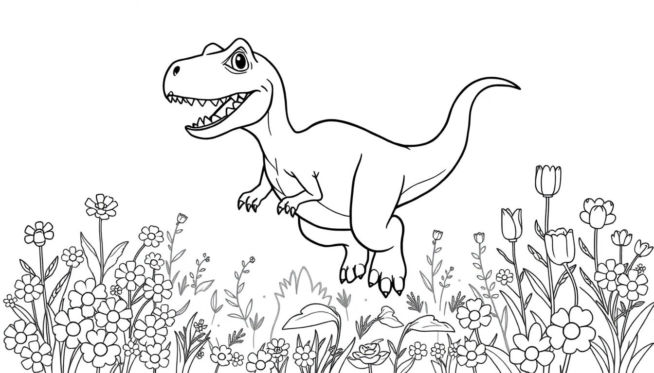 Schwarz-weiße Farbtafel: Ein T-Rex rennt über eine Blumenwiese.